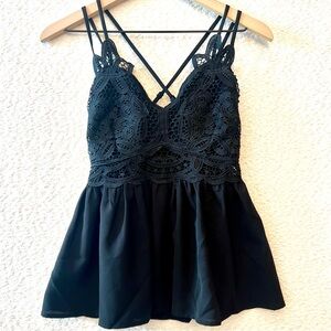 Scallop Black Lace Babydoll Tank Top Spaghetti Straps Adjustable Size Small